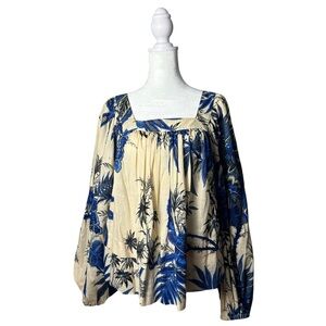 NWT Banana Republic Square Neck Balloon Sleeves Blue and Cream Botanical Blouse